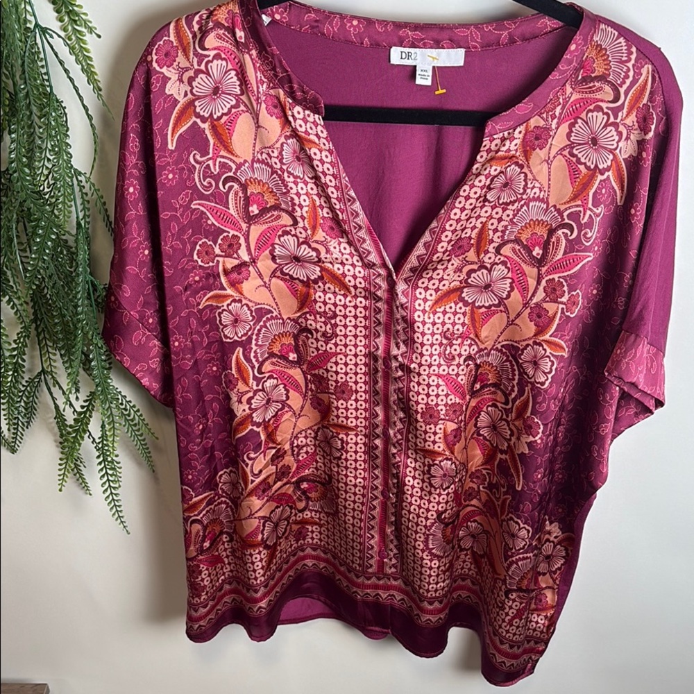 DR2 Red and Orange Relaxed Short Sleeve Blouse